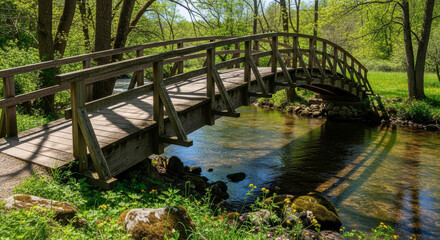 Fototapeta premium Scenic wooden bridge over calm water surrounded by vibrant lush greenery