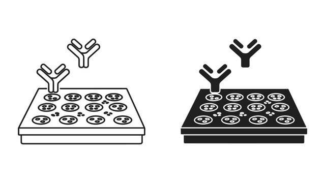 Antibody assay in microplate, scientific research and laboratory icon, line art and solid fill