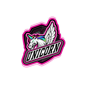 Fantasy unicorn e-sports sports high-energy mascot logo bold shield emblem elegant winged alicorn with rainbow gradient horn, sharp eyes and glowing sparkles, vector editable for e-sports, gaming. 