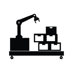 Obraz premium Industrial robotic arm assembling parts silhouette vector illustration,This vector illustration features a black and white silhouette of an industrial robotic arm assembling parts