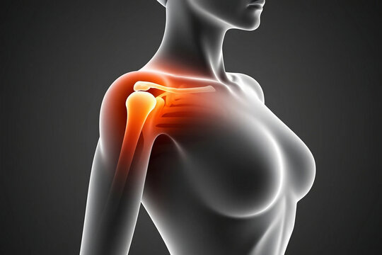 Human shoulder joint anatomy with glowing red pain image