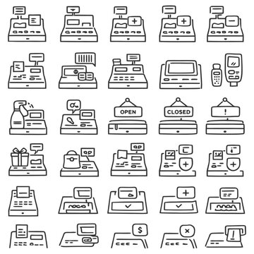 Collection of shopping and retail checkout icons including cash registers and signs.
