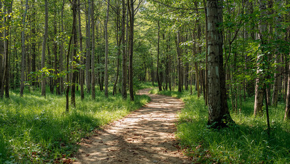 Fototapeta premium Sunlight filters through a dense forest onto a winding dirt path lined with lush green grass