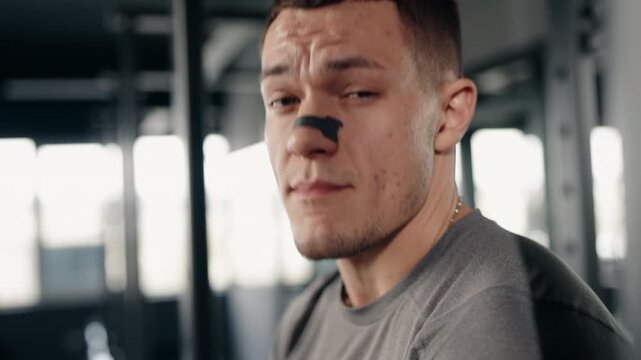 A determined male athlete takes a break during his intense gym workout, catching his breath and looking towards the camera. He has a black strip on his nose, and a silver chain around his neck.
