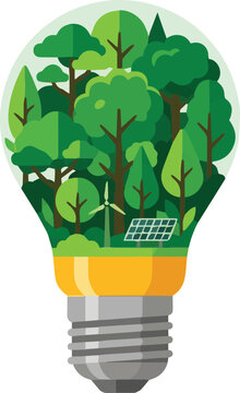 Light bulb concept with green forest, solar panels, and wind turbine symbolizing sustainable eco friendly renewable energy technology