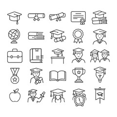 Fototapeta premium Education icons set featuring graduation caps diplomas books and students.