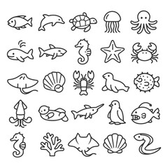 Marine life icons set featuring sea creatures and aquatic animals.