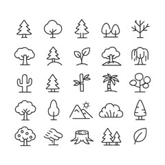 Minimalist tree and plant line icons variety set for nature designs.