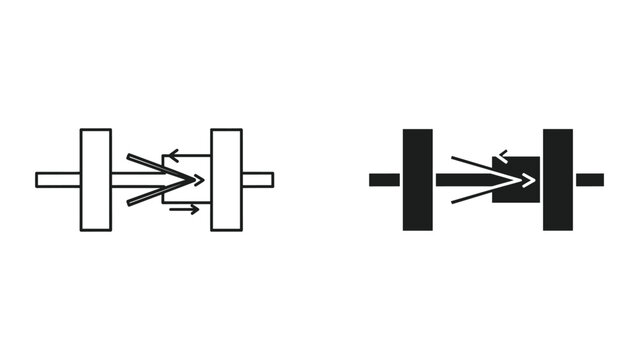 Optical diagram: Light refraction and reflection at interfaces, line art and solid icon