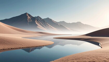 Serene Desert Oasis - Majestic Mountains and Reflective Waterscapes Under a Clear Sky.