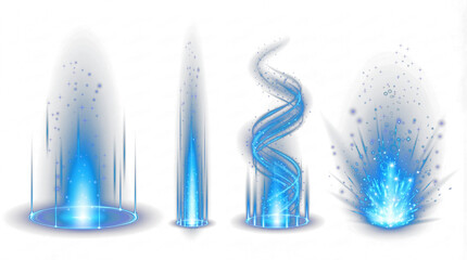 Dynamic photographic rendering of four blue energy light effects, isolated on a transparent background. © Michelle