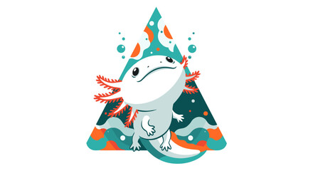 Naklejka premium A charming, stylized illustration of a white axolotl with vibrant red gills, set against a geometric background of blue and orange aquatic elements, perfect for nature and animal-themed designs.
