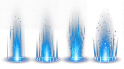 Magical blue teleportation portal effects with glowing light and particles on a transparent background. © Michelle