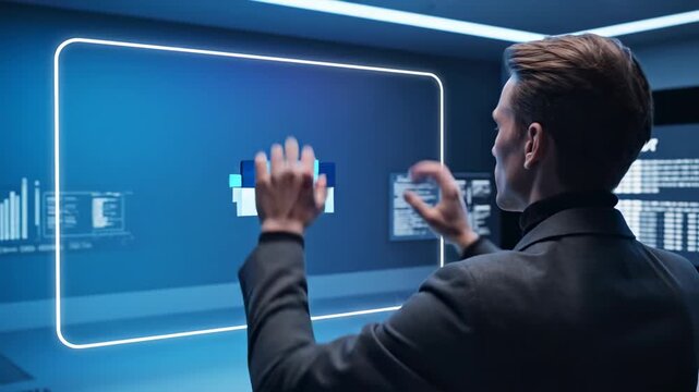Man interacting with holographic interface analyzing data in futuristic control room,technology and innovation concept,modern workspace,high tech environment