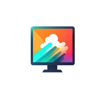 Bunter Desktop-Hintergrund mit Wolken und stilisierten Linien auf einem Computermonitor