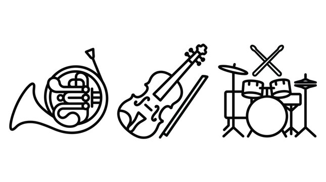 French horn, violin and bow, drum set Vector