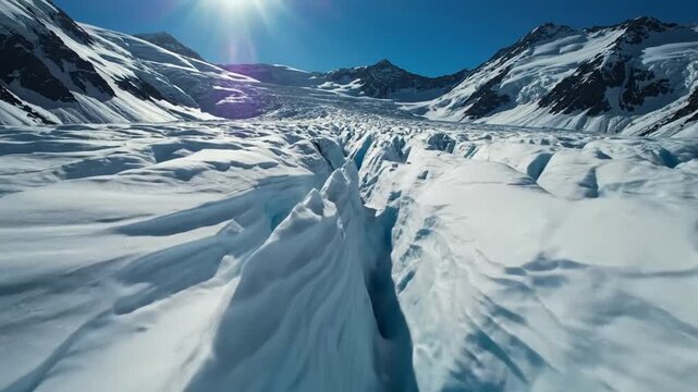 Expansive Glacier Crevasse Under Bright Sunlight, Majestic Snow-Covered Mountains