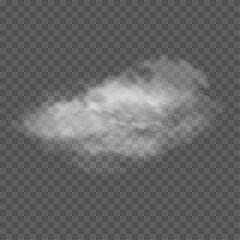 Naklejka premium Clouds of white smoke or steam with realistic texture on transparent background. Vector smoke to simulate fog, cold breath, magic effect or explosion.