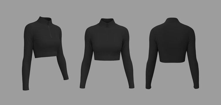 Women&rsquo;s High-Neck Half-Zip Long Sleeve Cropped Workout Shirt Mockup. Front and Back View	