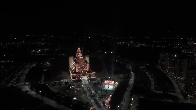 Night Drone Shot of Vrindavan Chandrodaya Temple Lit Hindu Temple Architecture