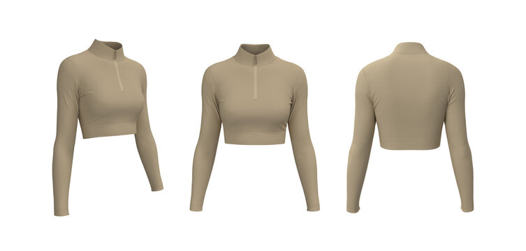 Women&rsquo;s High-Neck Half-Zip Long Sleeve Cropped Workout Shirt Mockup. Front and Back View	