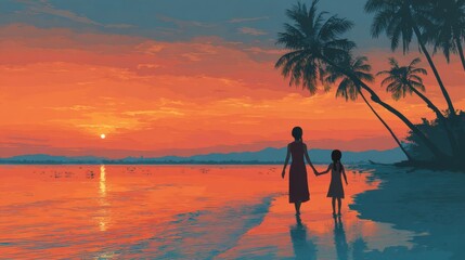 Fototapeta premium Mother and child walking on beach during vibrant sunset