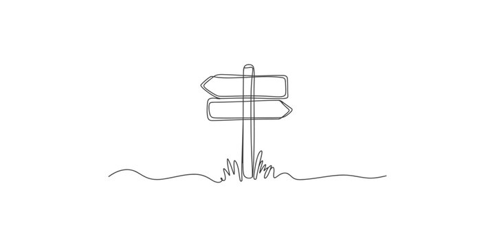 A continuous line drawing of a directional signpost with two blank arrows sign arrow illustration