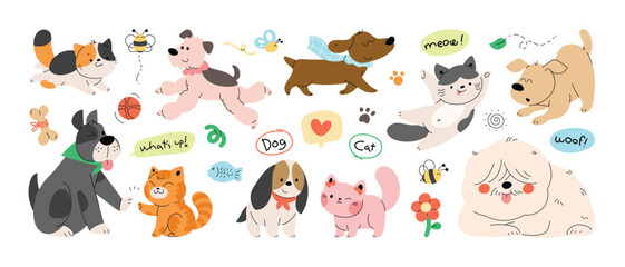 Collection of playful cat and dog with smiling, running and jumping. Flat doodle cartoon vector illustration.