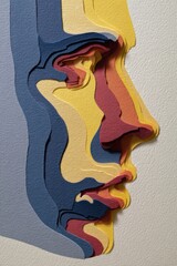 Minimal stencil art portrait of human face carved into layered colored paper sheets, abstract graphic composition.