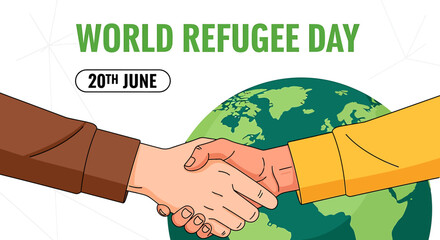 World Refugee Day illustration with handshake and globe on white background