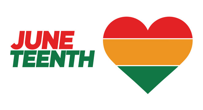 Juneteenth heart symbol with red orange green colors and text on white background