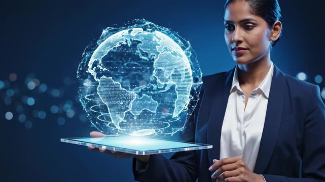 Woman in business suit holds tablet projecting digital globe for global tech or communication visual