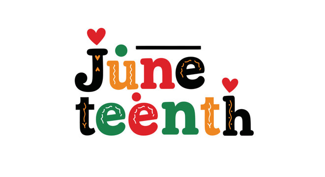 Juneteenth celebration colorful text with hearts on transparent background