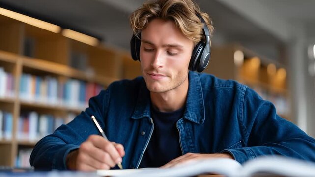 Young man wearing headphones studies and writes notes at a desk in a library. Education setting focused on learning, concentration, and academic work