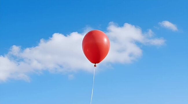 Vibrant red balloon floating serenely against a backdrop of fluffy clouds