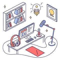 Creative home office workspace isometric illustration with podcast equipment, bookshelf, and inspiration elements, desktop computer, podcast microphone, desk setup