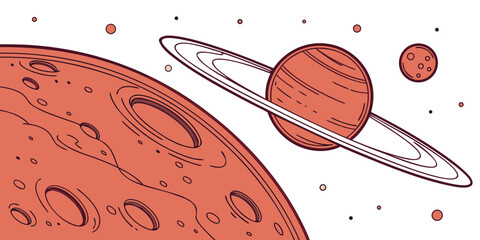 A vibrant illustration of a planet with rings and its moons in space. © Bf