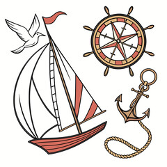 Classic nautical and sailing adventure icons set: sailboat, anchor, ship's wheel, compass rose, and dove for maritime travel designs, icon set, hand drawn, design element © Motu