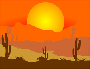 Fototapeta premium Vibrant Desert Sunset Illustration with Saguaro Cactus and Sand Dunes