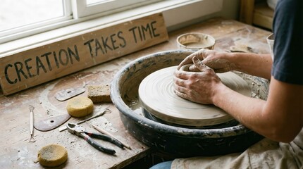 Fototapeta premium Upscaled Close Up of Sculptor's Hands on Pottery Wheel