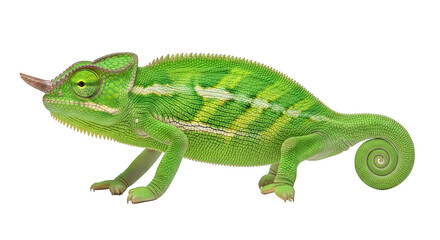 Fototapeta premium A vibrant green chameleon with a long tail and sharp claws stands out against a black background