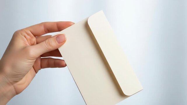 A hand holding a closed, beige-colored envelope with a rectangular flap