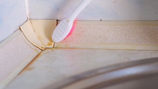Gloved hand scrubbing brown rust stains from grout near sink, toothbrush angled into corner to loosen oxidation and grime, closeup of textured tile edge and cleaning motion, tough