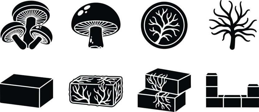 A collection of black and white illustrations of various fungi and blocks
