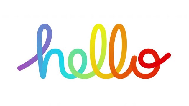 Colorful hello word write on text effect with curved ribbon stroke forming playful lettering symbol of greeting welcome and friendly communication isolated on transparent background with rainbow gradi
