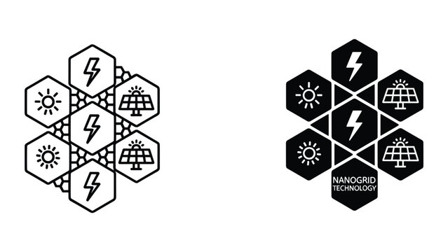 Nanogrid Technology Hexagonal Icons: Solar Power, Energy and Lightning Bolt Symbols