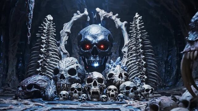 Ancient creature skulls and skeletal remains in dark eerie chamber background