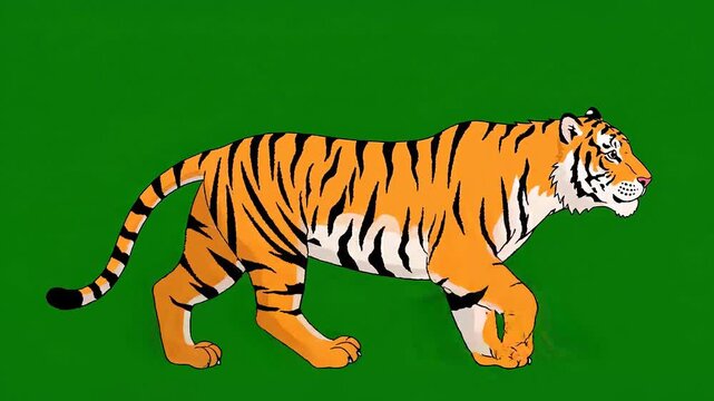 Tiger, orange tiger, walking tiger, wildlife animal, green background