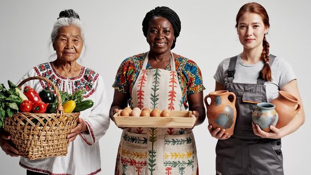 Three Diverse Women Holding Harvested Vegetables, Eggs, and Pottery in Studio