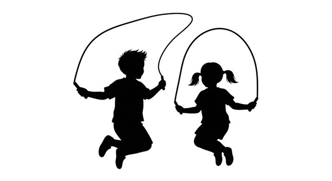 Children jumping rope together silhouette vector illustration of fitness and childhood play